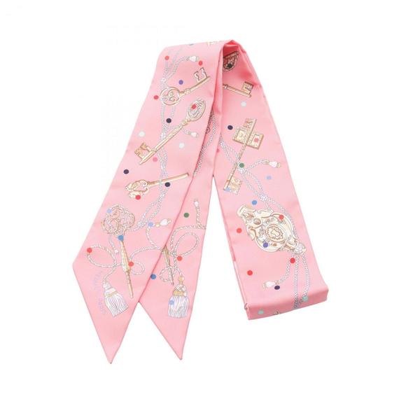 Hermes Hermès Les Cles a Pois Twilly Silk Scarf for Women in Multicolored Pink - Picture 1 of 3